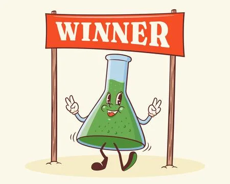 Groovy Back to School Retro Character. Cartoon Chemistry Flask crossing Winner Stock Illustration