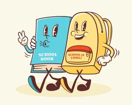 Groovy Back to School Retro Characters. Cartoon Book and Backpack. Vector Stock Illustration
