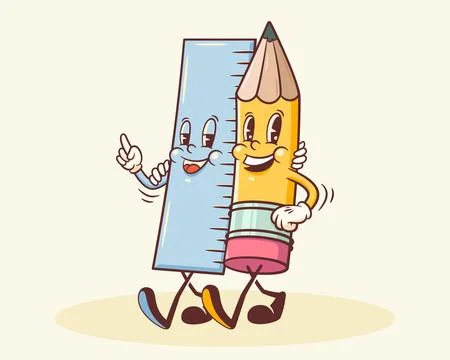 Groovy Back to School Retro Characters. Cartoon Pencil and Ruler. Vector Stock Illustration