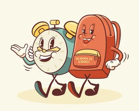 Groovy Back to School Retro Characters. Cartoon Alarm Clock and Backpack. Vector Stock Illustration