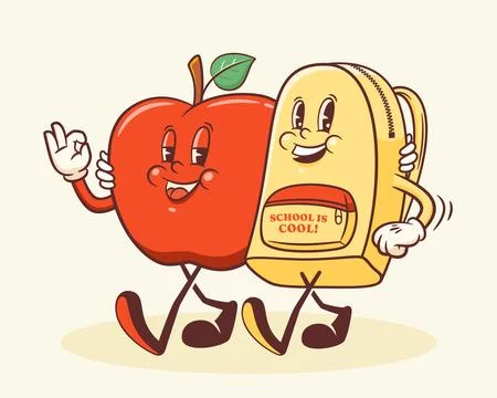 Groovy Back to School Retro Characters. Cartoon Apple and Backpack. Vector Stock Illustration