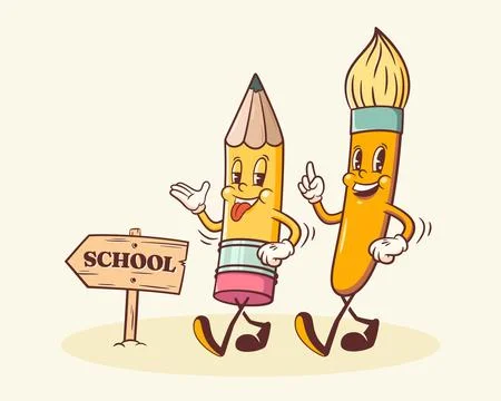 Groovy Back to School Retro Characters. Cartoon Pencil and Brush. Vector Stock Illustration