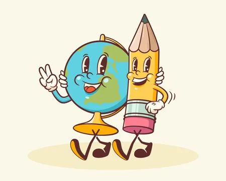 Groovy Back to School Retro Characters. Cartoon Pencil and Globe. Vector Stock Illustration