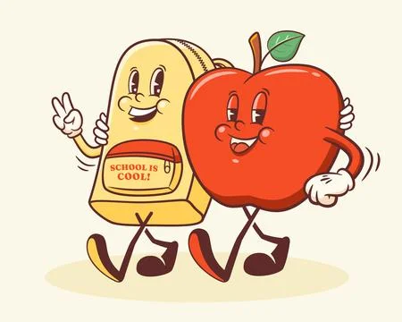 Groovy Back to School Retro Characters. Cartoon Apple and Backpack. Vector Stock Illustration