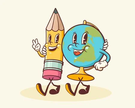 Groovy Back to School Retro Characters. Cartoon Pencil and Globe. Vector Stock Illustration