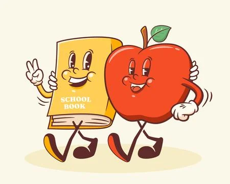 Groovy Back to School Retro Characters. Cartoon Apple and Book. Vector Education Stock Illustration