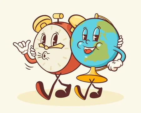 Groovy Back to School Retro Characters. Cartoon Alarm Clock and Globe. Vector Stock Illustration