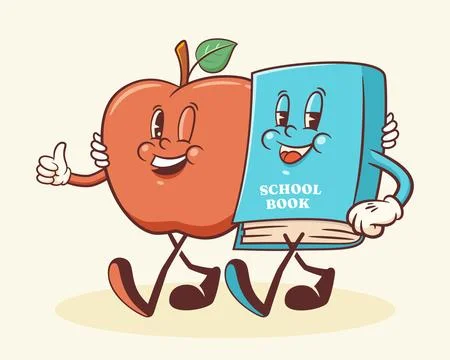 Groovy Back to School Retro Characters. Cartoon Apple and Book. Vector Education Stock Illustration