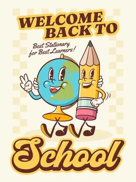 Groovy Back to School Retro Characters Poster. Cartoon Earth Globe and Pencil Stock Illustration