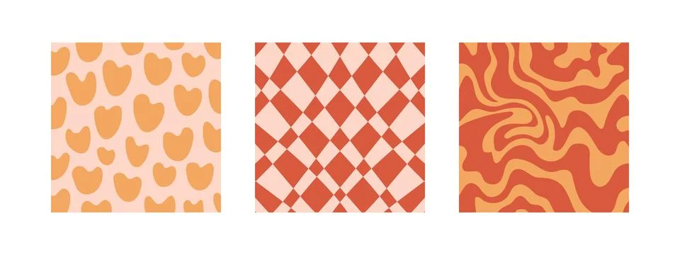Groovy background set. Lines, waves, trippy grid, swirl print 1970s Hippie Stock Illustration