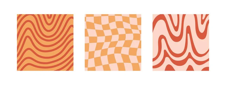 Groovy background set. Lines, waves, trippy grid, swirl print 1970s Hippie Illustrazione stock
