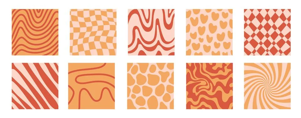 Groovy background set. Lines, waves, trippy grid, swirl print 1970s Hippie Illustrazione stock