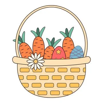 Groovy basket with carrots, Easter eggs and daisy. Vintage hippie psychedel.. イラスト素材