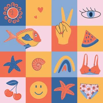 Groovy beach seamless pattern. Retro style Summer background. Stock Illustration