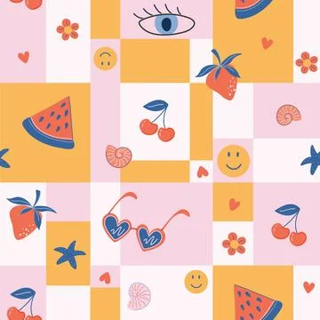 Groovy beach seamless pattern. Retro style Summer background. Illustrazione stock