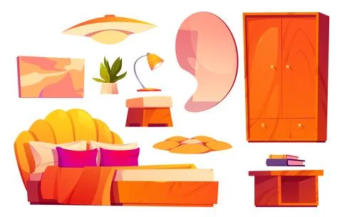 Groovy bedroom interior set, daisy flower carpet Stock Illustration