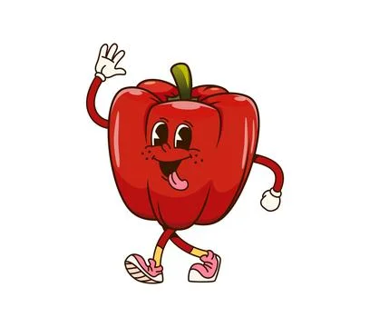Groovy bell pepper vegetable red paprika character Stock Illustration
