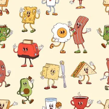 Groovy breakfast characters seamless pattern Stock Illustration
