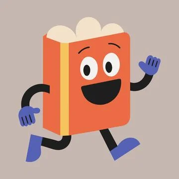 Groovy cartoon book character. Retro flat style illustration. Happy running book Stock Illustration
