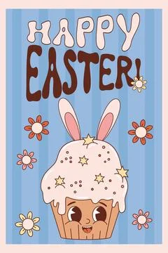 Groovy cartoon character easter cake cupcake. Retro vintage cute mascot cake Stock Illustration