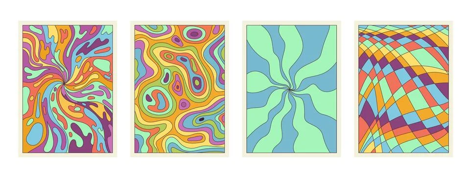 Groovy cartoon psychedelic patterns set, radial surreal rays and colorful grid Stock Illustration