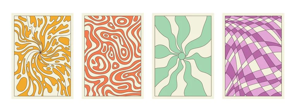 Groovy cartoon psychedelic patterns set, retro wavy stripes and irregular Stock Illustration