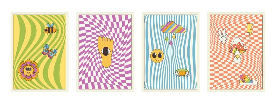Groovy cartoon psychedelic patterns set, trippy checkerboard and zebra texture Illustrazione stock