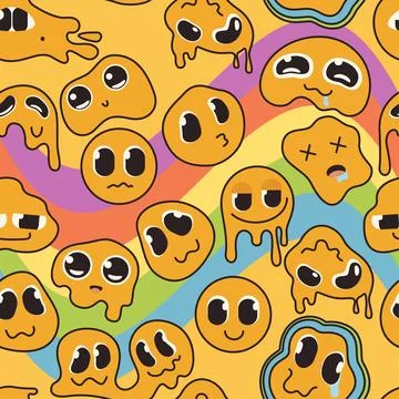 Groovy cartoon psychedelic seamless pattern with distorted faces on rainbow Stock Illustration