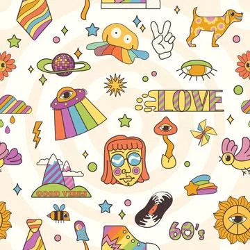 Groovy cartoon psychedelic seamless pattern with funny hippy emoji and Stock Illustration