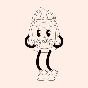 Groovy cat character in shape of cup of coffee in line art style. Retro cartoon Stock Illustration