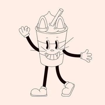 Groovy cat character sticker in shape of disposable coffee cup in doodle style Stock Illustration