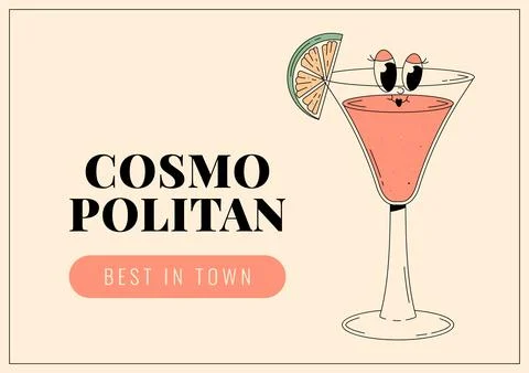 Groovy character cosmopolitan. Retro banner and label with popular alcoholi.. Stock Illustration
