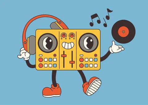 Groovy character DJ controller in old classic cartoon style. Retro Mascot Stock Illustration