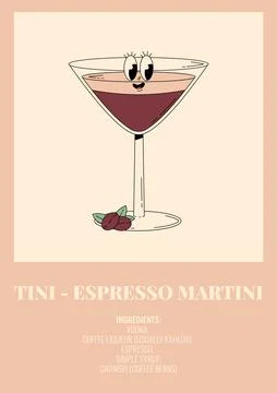 Groovy character Tiny espresso martini. Retro poster with popular alcoholic.. Stock Illustration