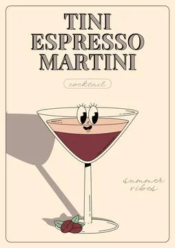Groovy character Tiny espresso martini. Retro summer poster with popular al.. Stock Illustration