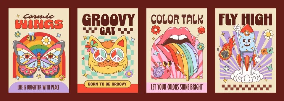 Groovy characters retro psychedelic vector posters 스톡 일러스트