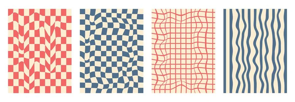 Groovy checkerboard pattern set. Psychedelic checker background pack. Trippy y2k Stock Illustration