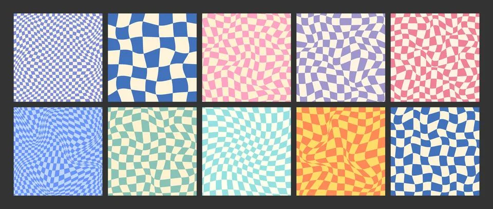 Groovy checkered pattern, colorful distorted tiled grid. Vintage wavy curved Stock Illustration
