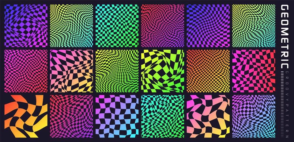 Groovy checkered pattern, colorful distorted tiled grid. Vintage wavy curved Stock Illustration