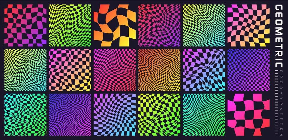 Groovy checkered pattern, colorful distorted tiled grid. Vintage wavy curved Stock Illustration