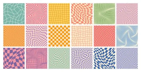 Groovy checkered pattern, colorful distorted tiled grid. Vintage wavy curved Stock Illustration