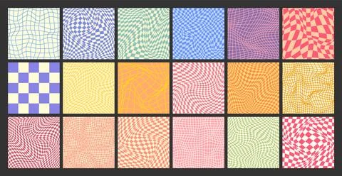 Groovy checkered pattern, colorful distorted tiled grid. Vintage wavy curved Stock Illustration