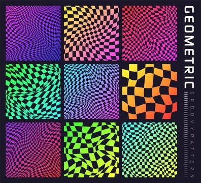Groovy checkered pattern, colorful distorted tiled grid. Vintage wavy curved Stock Illustration