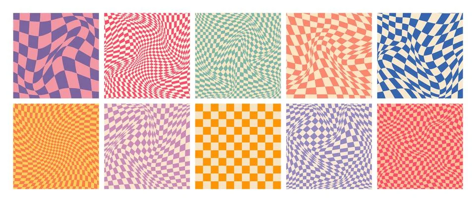 Groovy checkered pattern, colorful distorted tiled grid. Vintage wavy curved Stock Illustration