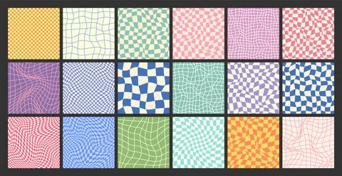 Groovy checkered pattern, colorful distorted tiled grid. Vintage wavy curved Stock Illustration