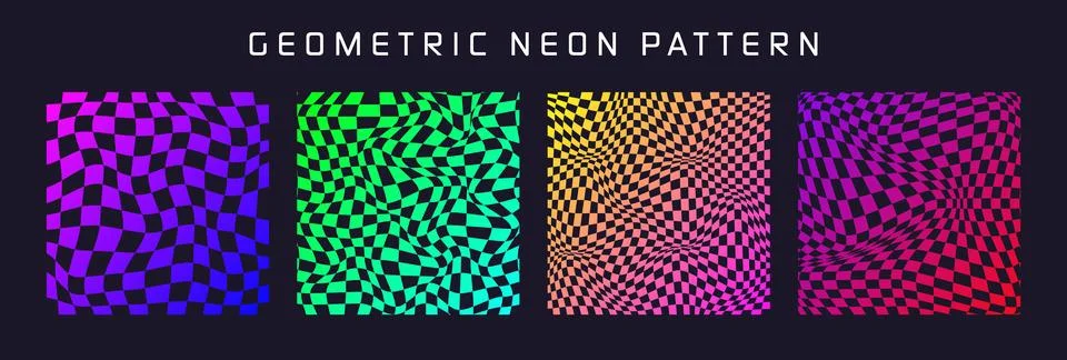 Groovy checkered pattern, colorful distorted tiled grid. Vintage wavy curved Stock Illustration