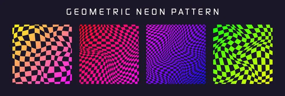 Groovy checkered pattern, colorful distorted tiled grid. Vintage wavy curved Stock Illustration