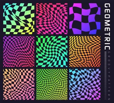 Groovy checkered pattern, colorful distorted tiled grid. Vintage wavy curved Stock Illustration
