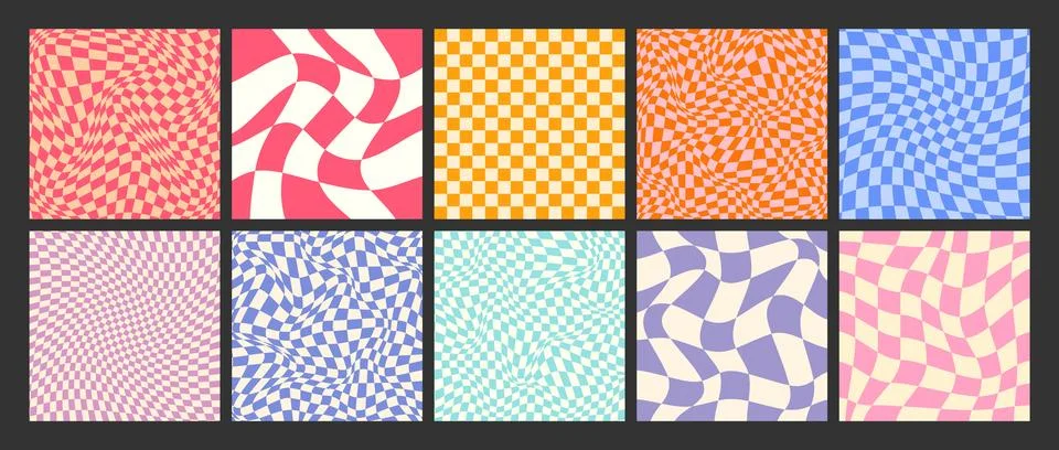 Groovy checkered pattern, colorful distorted tiled grid. Vintage wavy curved Stock Illustration