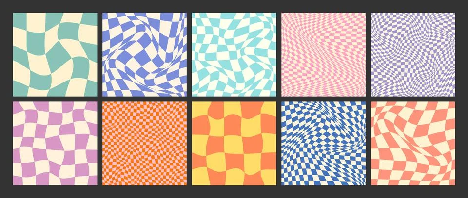 Groovy checkered pattern, colorful distorted tiled grid. Vintage wavy curved Stock Illustration